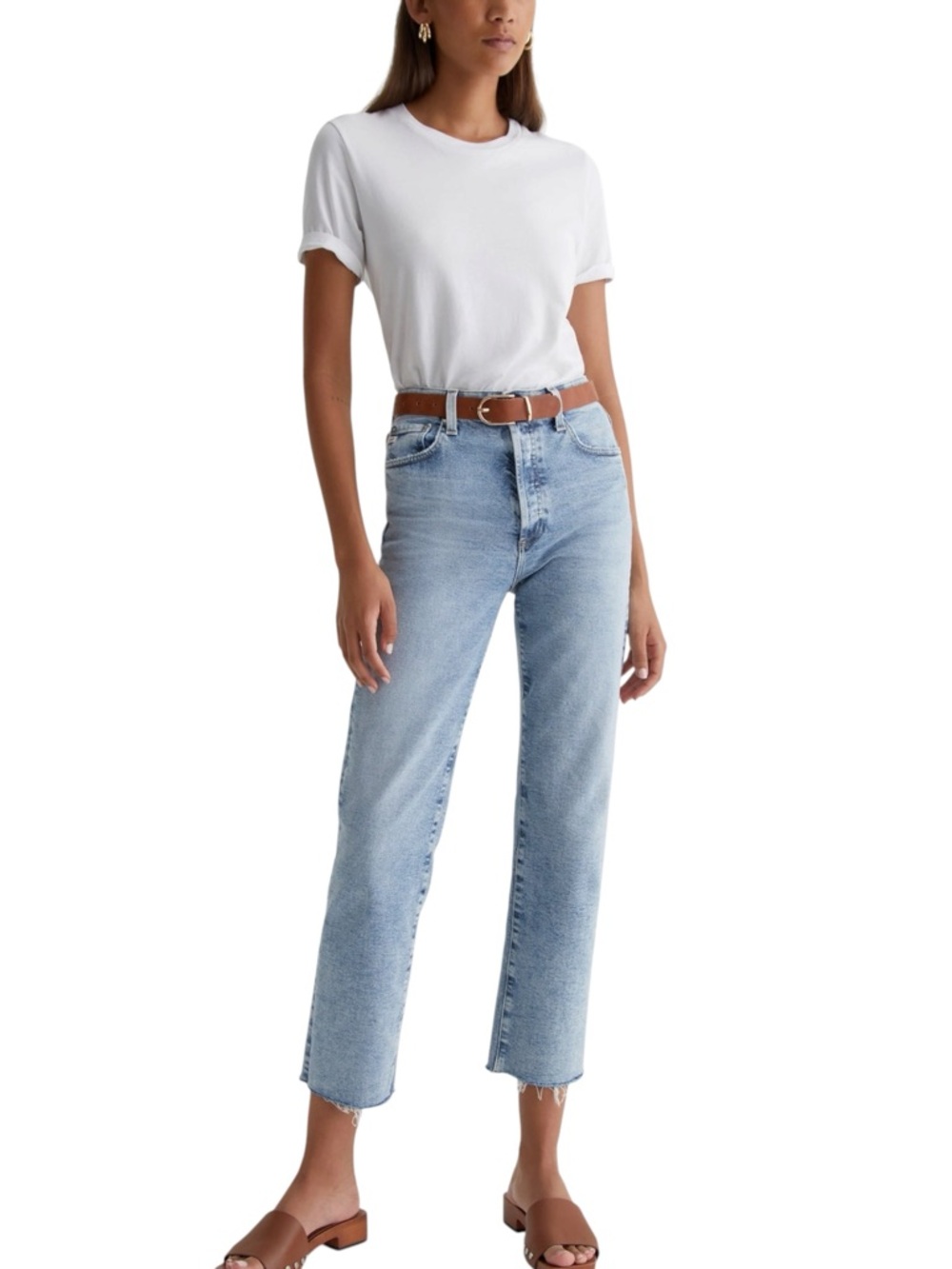 AG Light Blue Mid-Rise Vintage Wash Raw Hem Button Fly Crop Jeans (25x26)